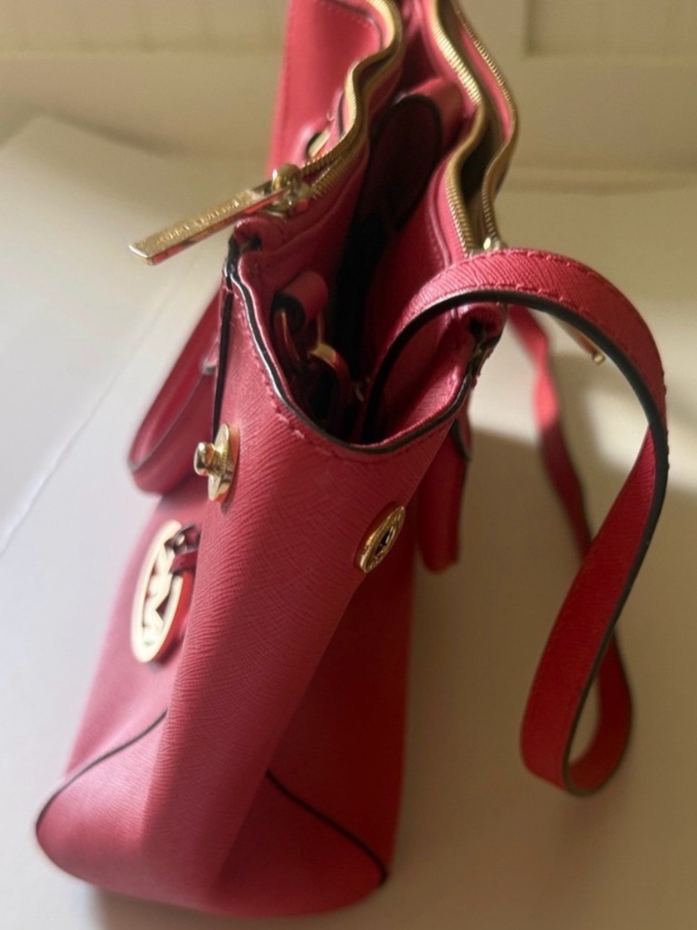 MICHAEL KORS Red/Pink Saffiano Satchel with Gold Hardware - Picture 11 of 12